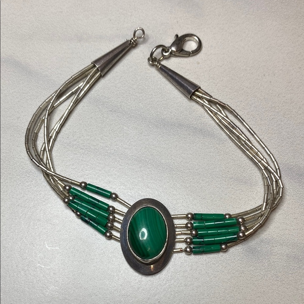 Sterling‎ Silver and Malachite Beaded Bracelet 7.5"
